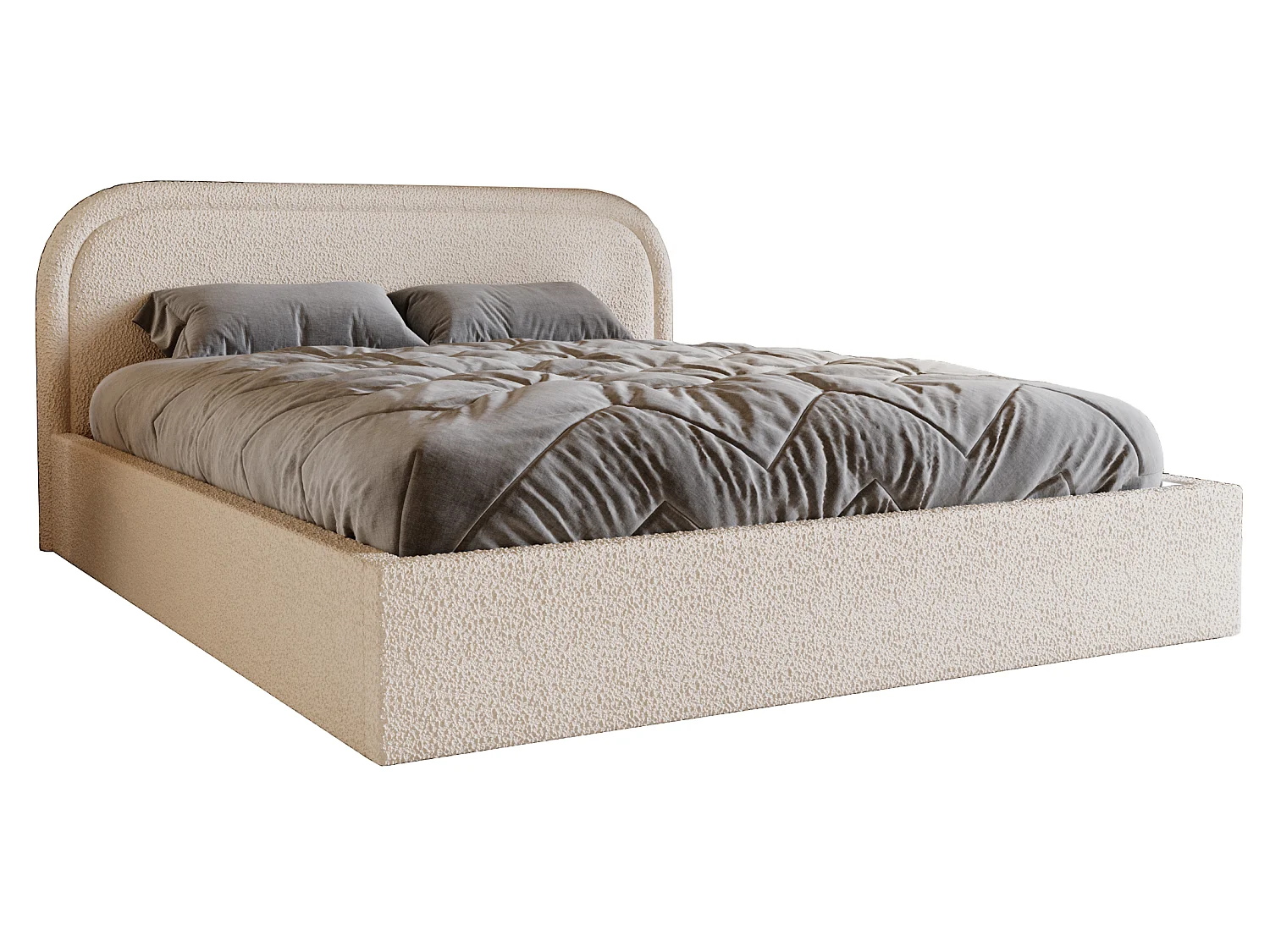 Lit bouclé 160x200 Dune avec tête de lit arrondie, coffre de rangement, sommier à lattes, Crème
