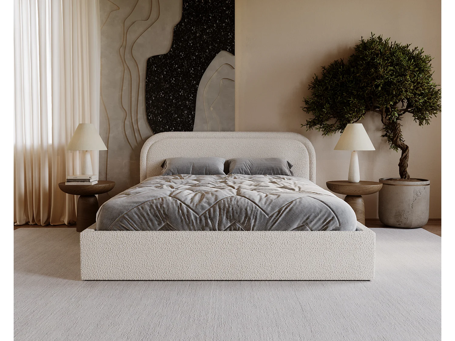 Lit bouclé 160x200 Dune avec tête de lit arrondie, coffre de rangement, sommier à lattes, Crème
