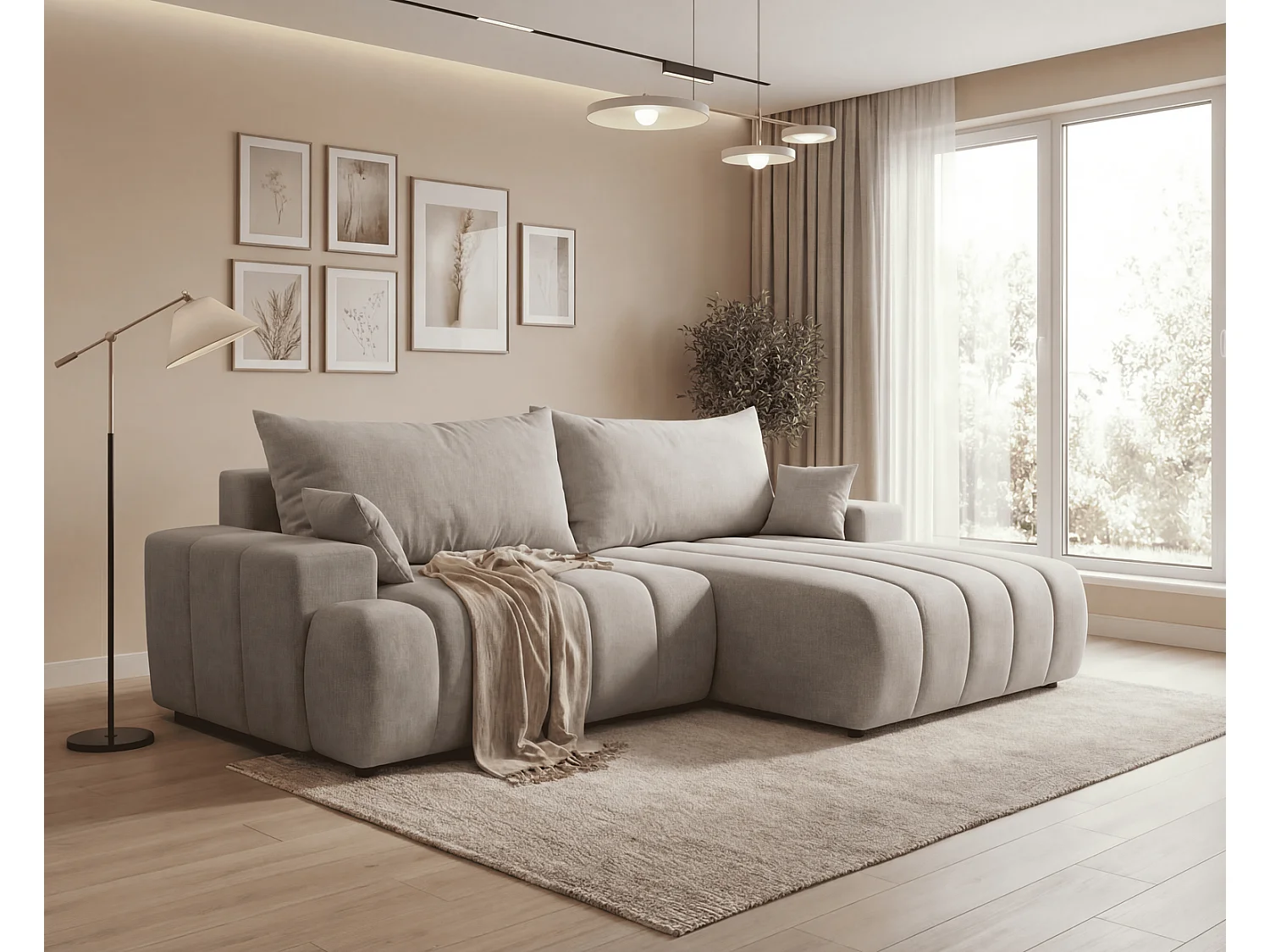 Canapé d'angle Hago 270 cm avec coffre de rangement, canapé convertible moderne, droite, gris clair