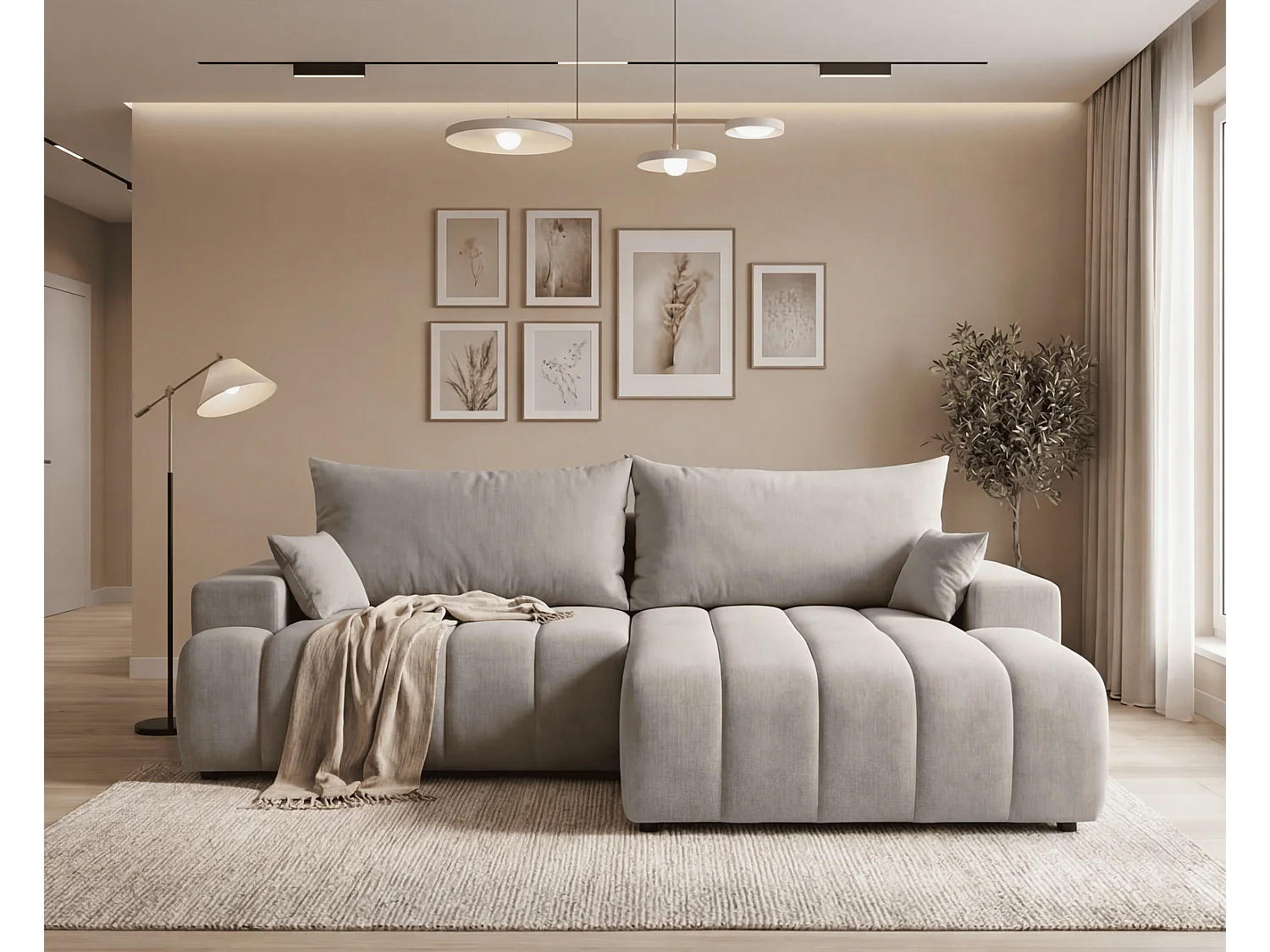 Canapé d'angle Hago 270 cm avec coffre de rangement, canapé convertible moderne, droite, gris clair