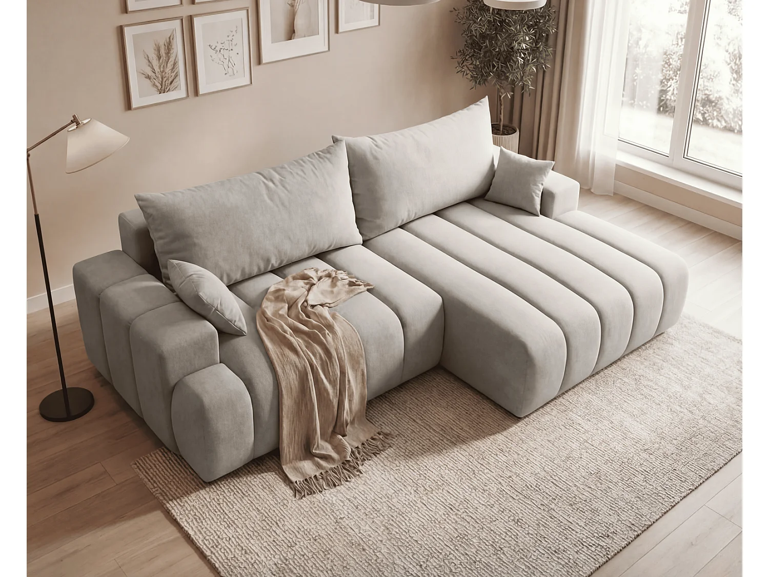 Canapé d'angle Hago 270 cm avec coffre de rangement, canapé convertible moderne, droite, gris clair