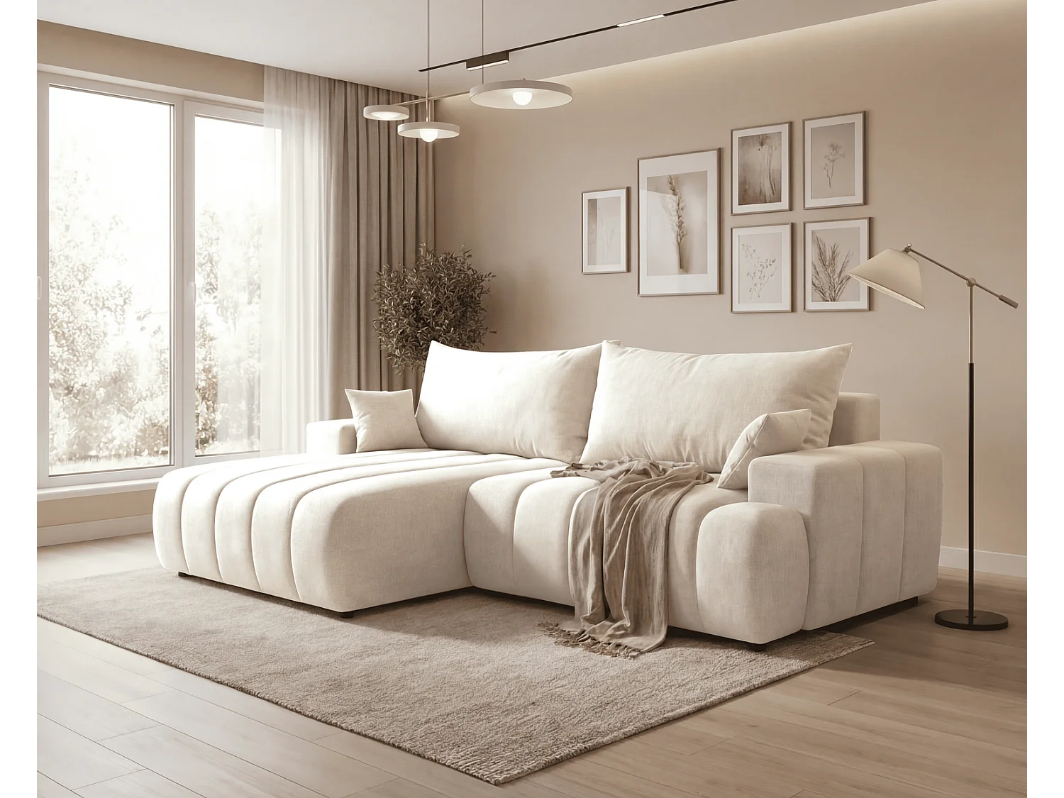 Canapé d'angle Hago 270 cm avec coffre de rangement, canapé convertible moderne, gauche, crème