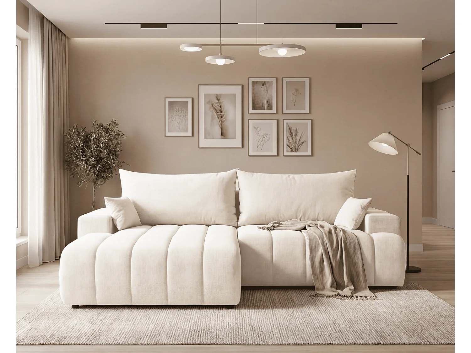 Canapé d'angle Hago 270 cm avec coffre de rangement, canapé convertible moderne, gauche, crème