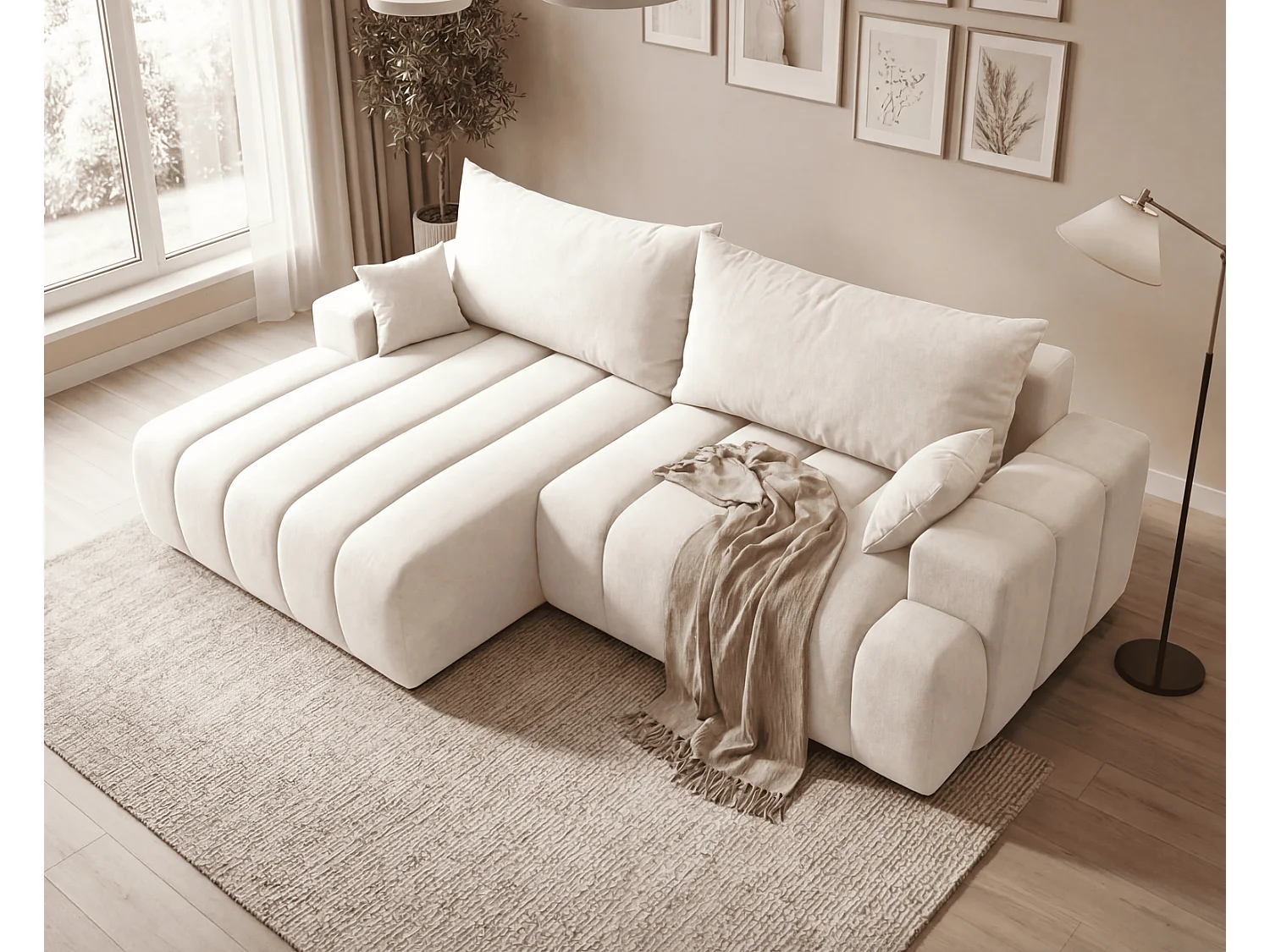 Canapé d'angle Hago 270 cm avec coffre de rangement, canapé convertible moderne, gauche, crème