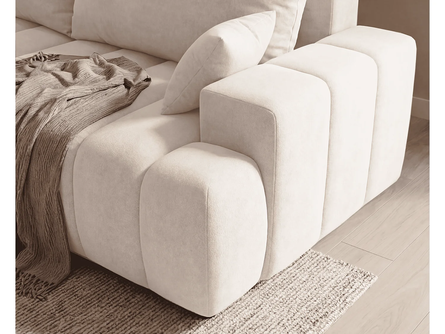 Canapé d'angle Hago 270 cm avec coffre de rangement, canapé convertible moderne, gauche, crème