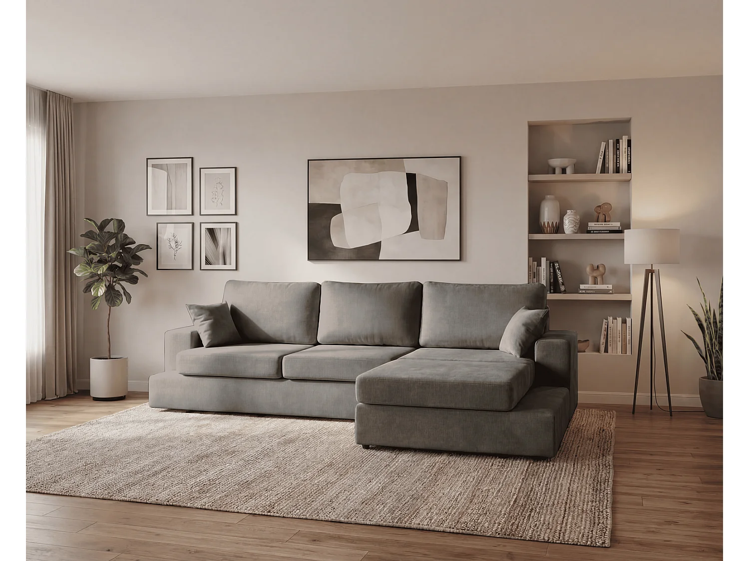 Canapé d'angle moelleux Fidenzo 260 cm, droite, non convertible, design moderne, gris