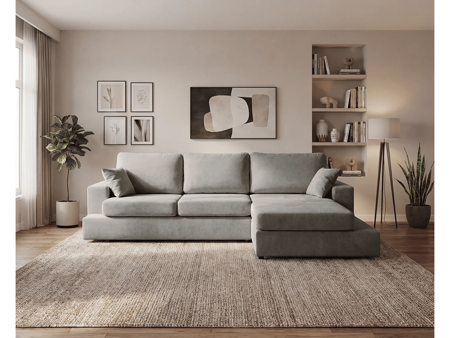 Canapé d'angle moelleux Fidenzo 260 cm, droite, non convertible, design moderne, gris