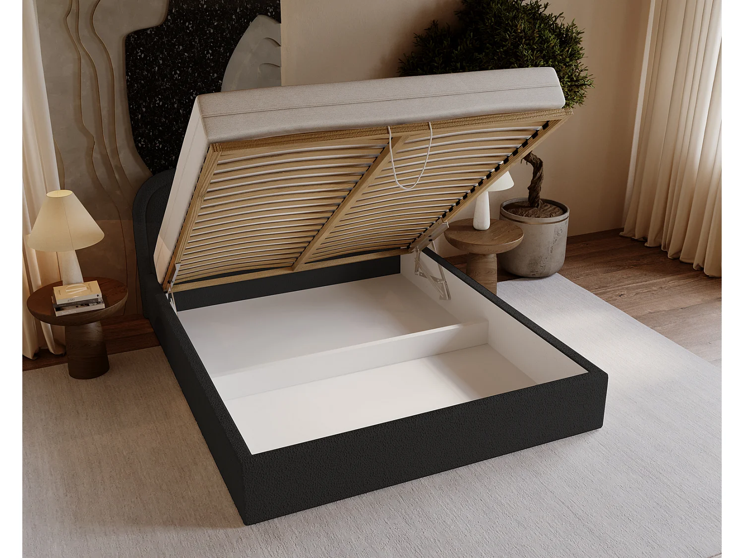 Lit bouclé 180x200 Dune avec tête de lit arrondie, coffre de rangement, sommier à lattes, Noir