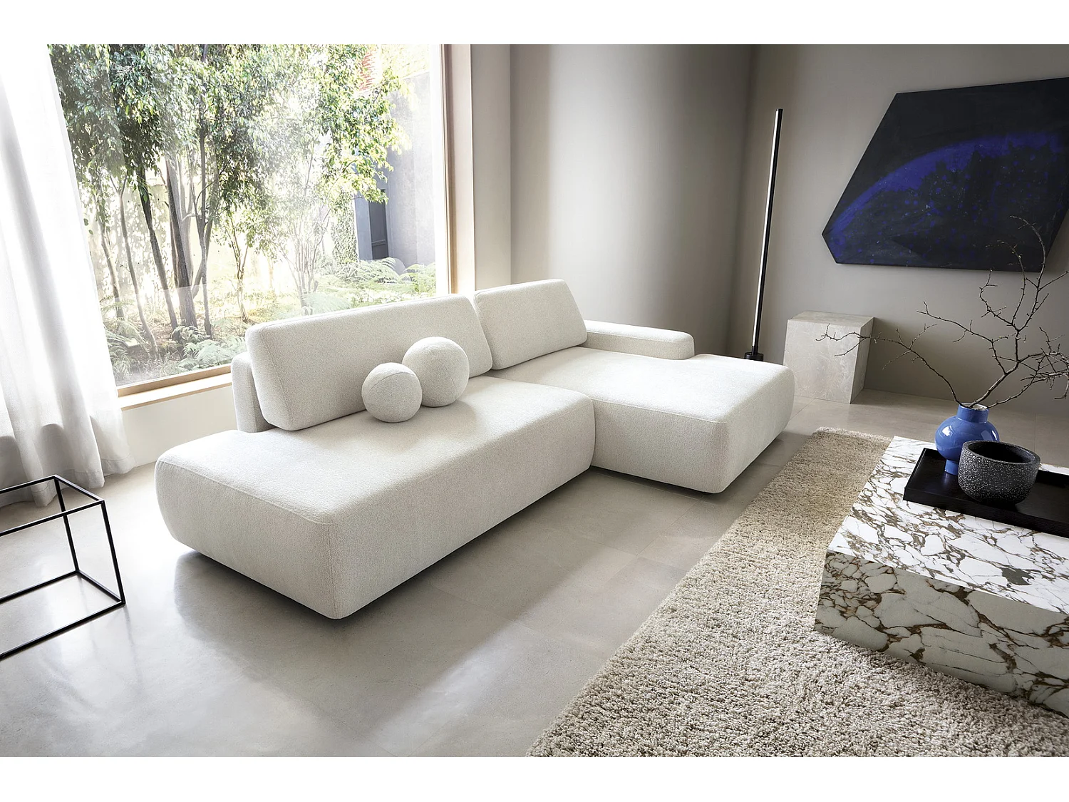 Canapé d'angle Orea O avec rangement design aux formes arrondies - canapé d'angle convertible, droit, crème