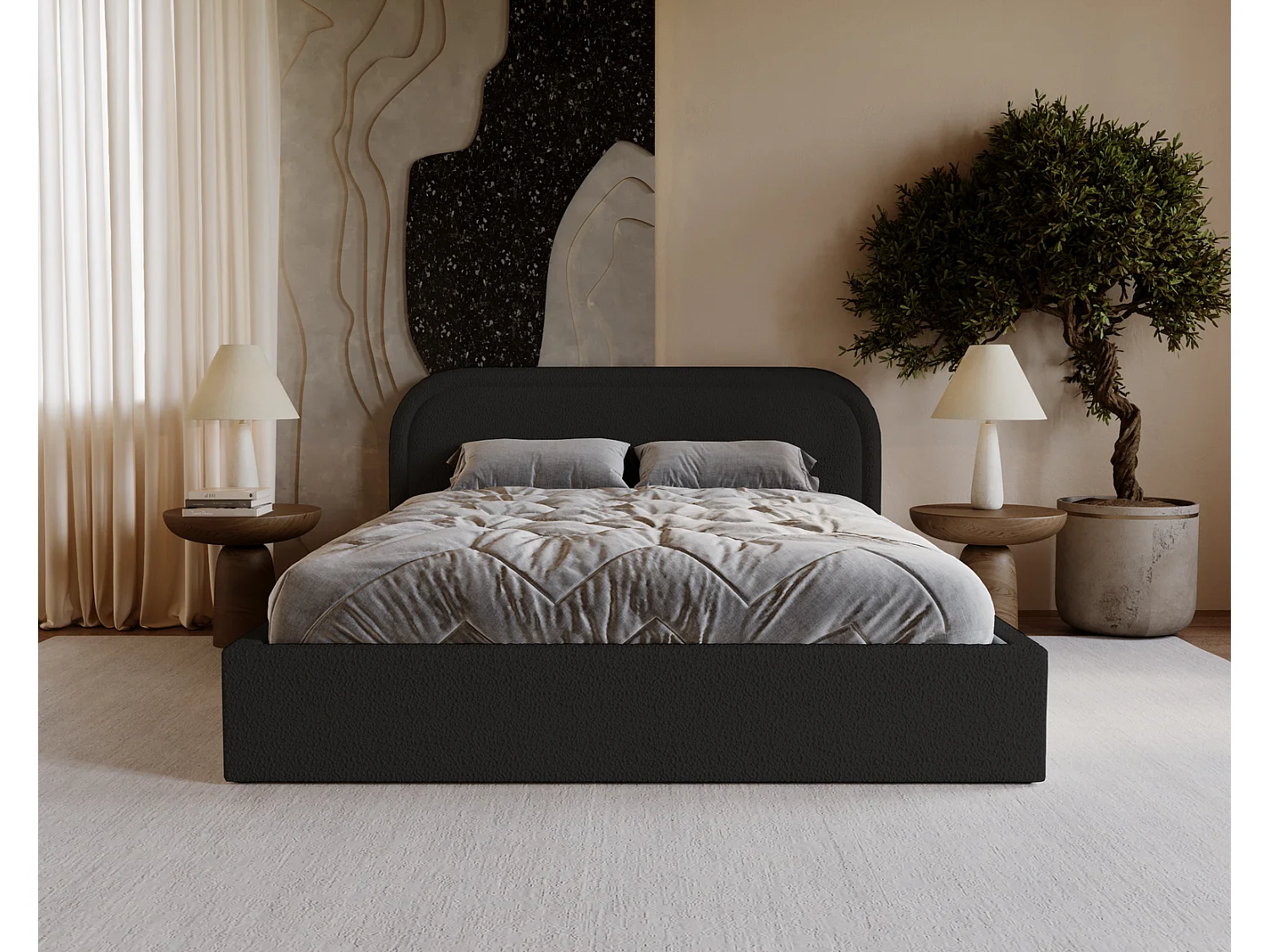 Lit bouclé 140x200 Dune avec tête de lit arrondie, coffre de rangement, sommier à lattes, Noir