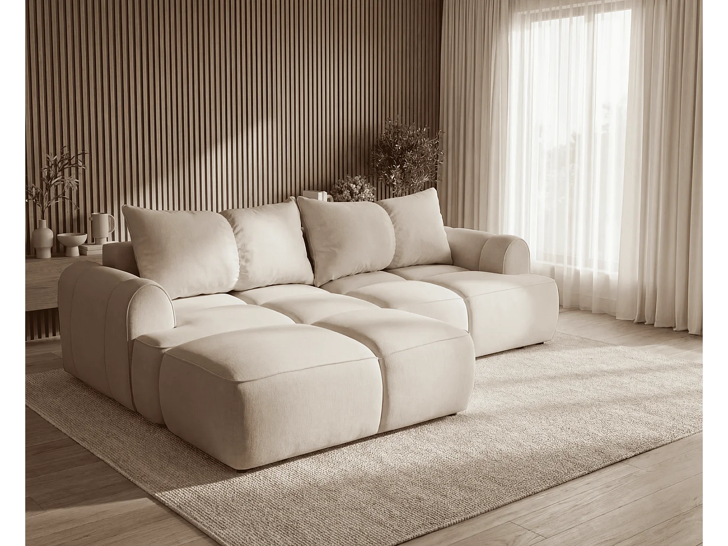 Canapé d'angle Avani 280 cm, canapé convertible avec rangement, design moderne, gauche, beige