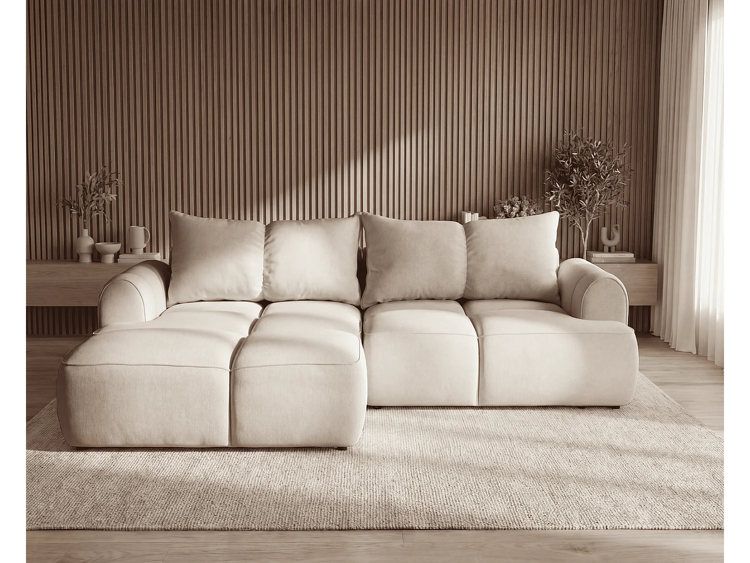 Canapé d'angle Avani 280 cm, canapé convertible avec rangement, design moderne, gauche, beige