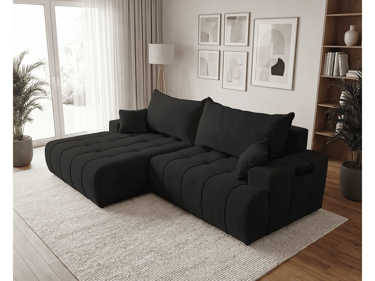 Canapé d'angle moderne Arvio 270 cm, convertible avec rangement, canapé design pour salon, gauche, noir