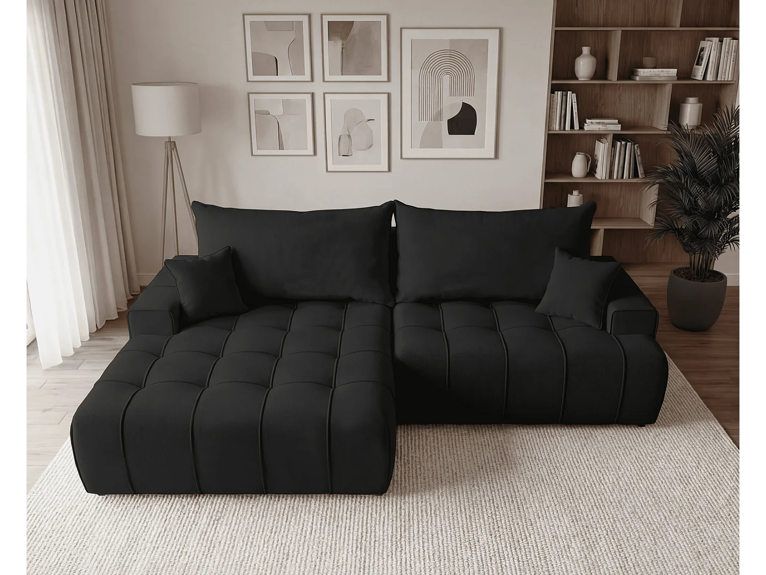 Canapé d'angle moderne Arvio 270 cm, convertible avec rangement, canapé design pour salon, gauche, noir