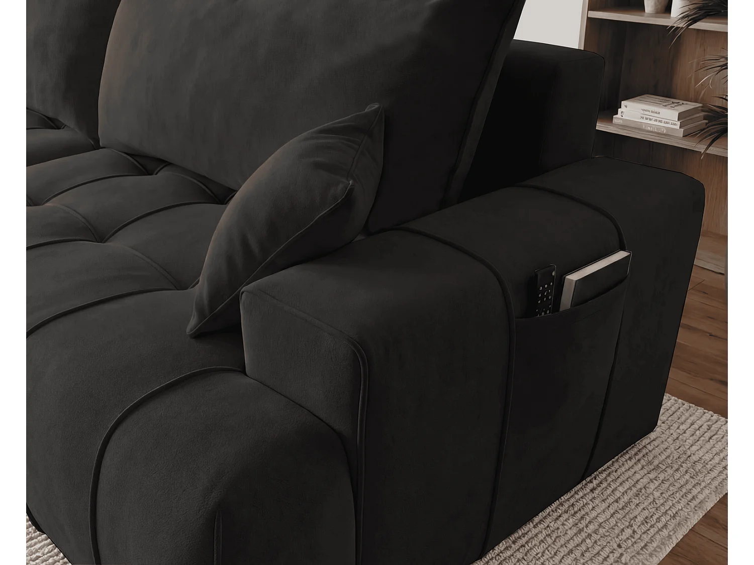 Canapé d'angle moderne Arvio 270 cm, convertible avec rangement, canapé design pour salon, gauche, noir