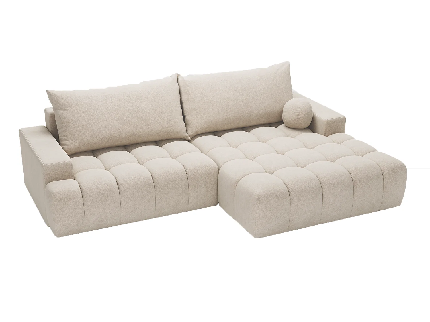 Canapé d'angle convertible Novira 270 cm pour salon, style moderne, coffre de rangement, coussins, droite, crème