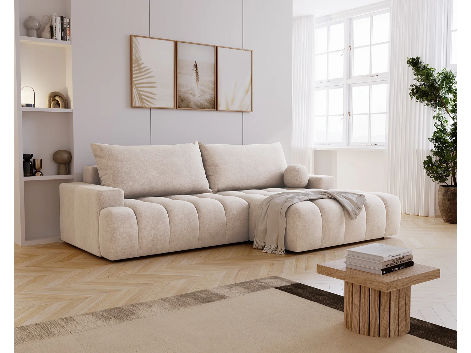 Canapé d'angle convertible Novira 270 cm pour salon, style moderne, coffre de rangement, coussins, droite, crème