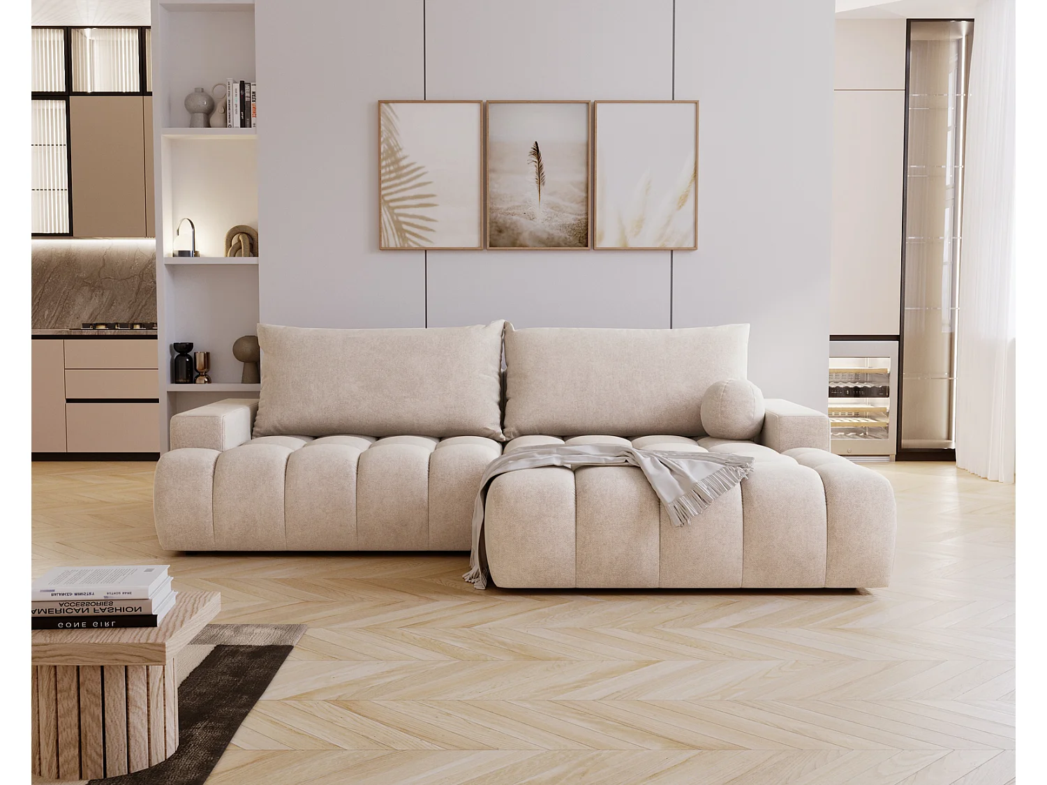 Canapé d'angle convertible Novira 270 cm pour salon, style moderne, coffre de rangement, coussins, droite, crème