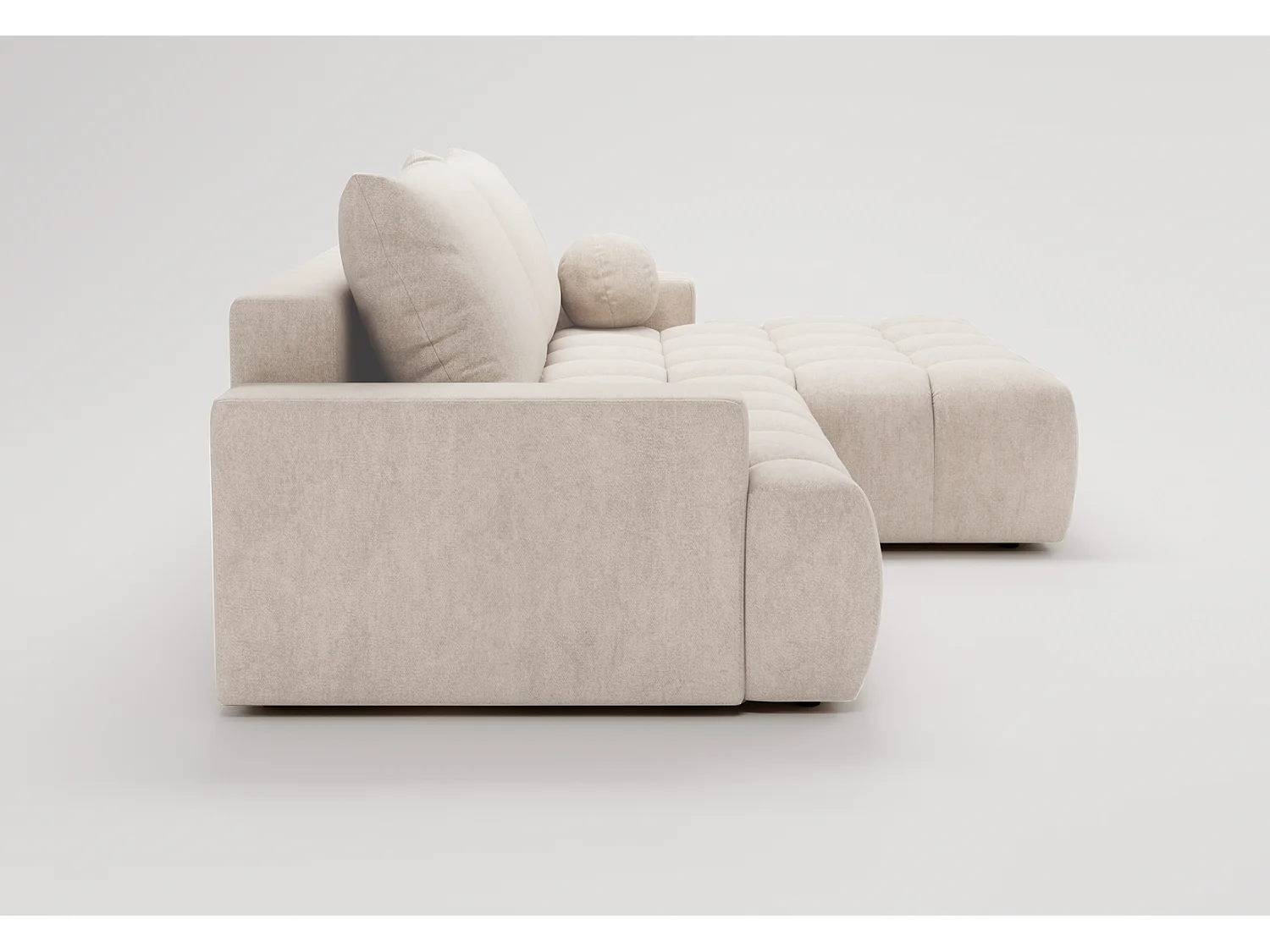 Canapé d'angle convertible Novira 270 cm pour salon, style moderne, coffre de rangement, coussins, droite, crème
