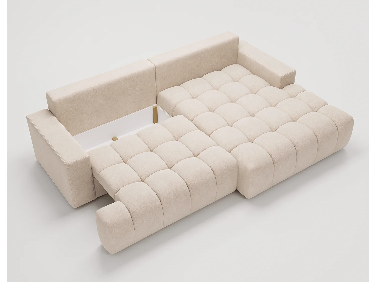 Canapé d'angle convertible Novira 270 cm pour salon, style moderne, coffre de rangement, coussins, droite, crème