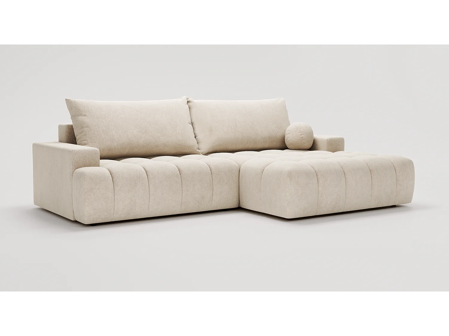 Canapé d'angle convertible Novira 270 cm pour salon, style moderne, coffre de rangement, coussins, droite, crème