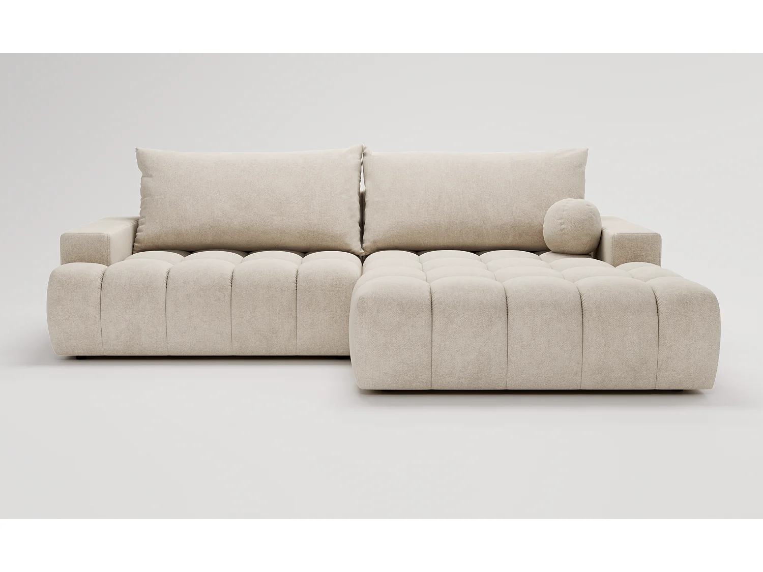 Canapé d'angle convertible Novira 270 cm pour salon, style moderne, coffre de rangement, coussins, droite, crème