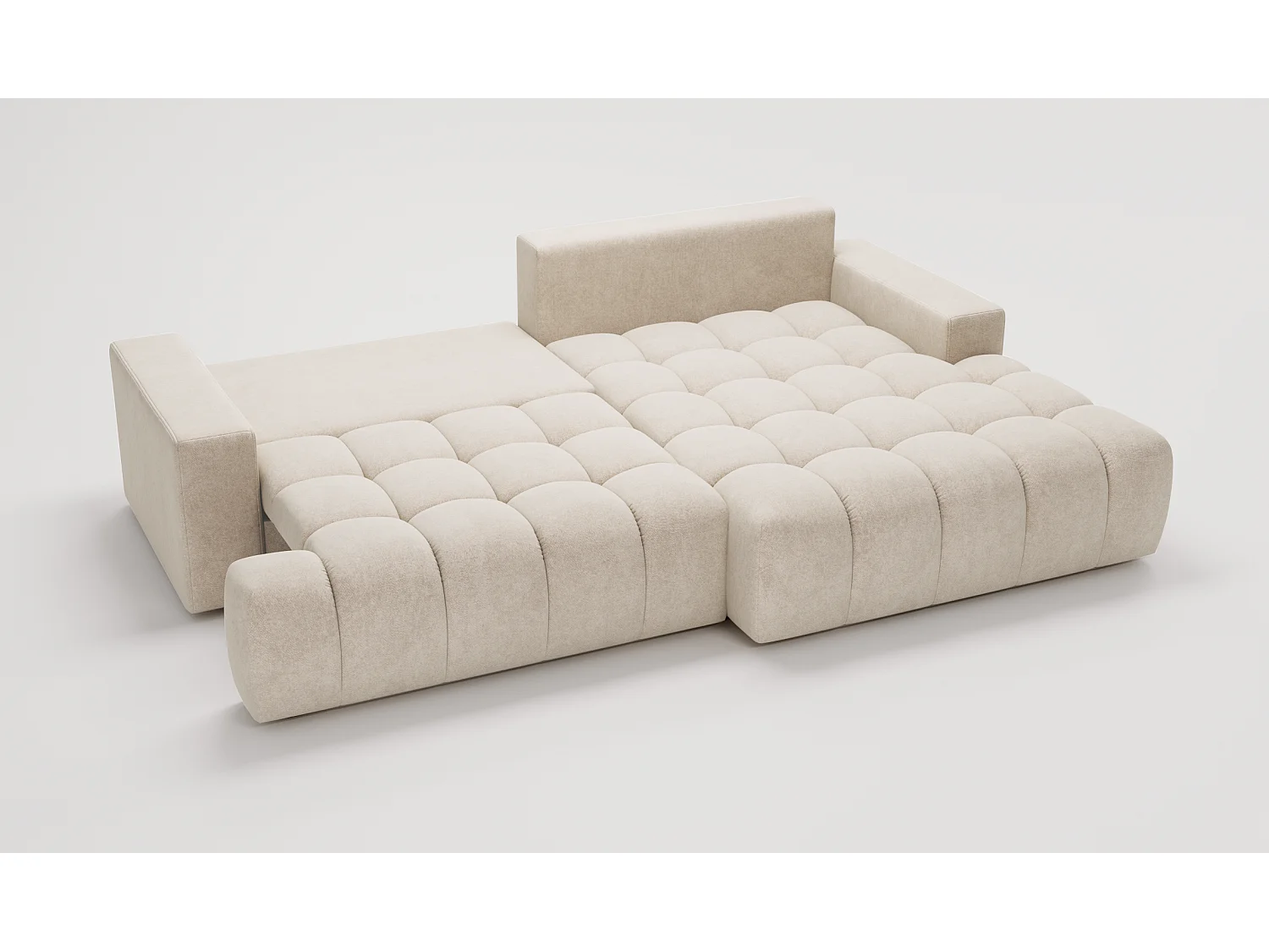 Canapé d'angle convertible Novira 270 cm pour salon, style moderne, coffre de rangement, coussins, droite, crème