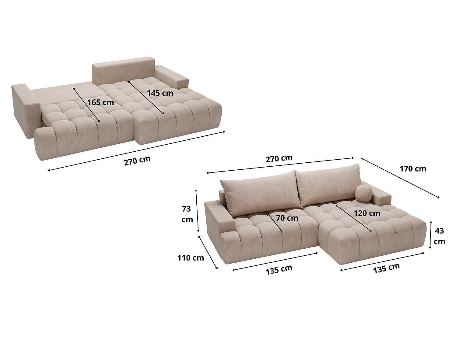 Canapé d'angle convertible Novira 270 cm pour salon, style moderne, coffre de rangement, coussins, droite, crème