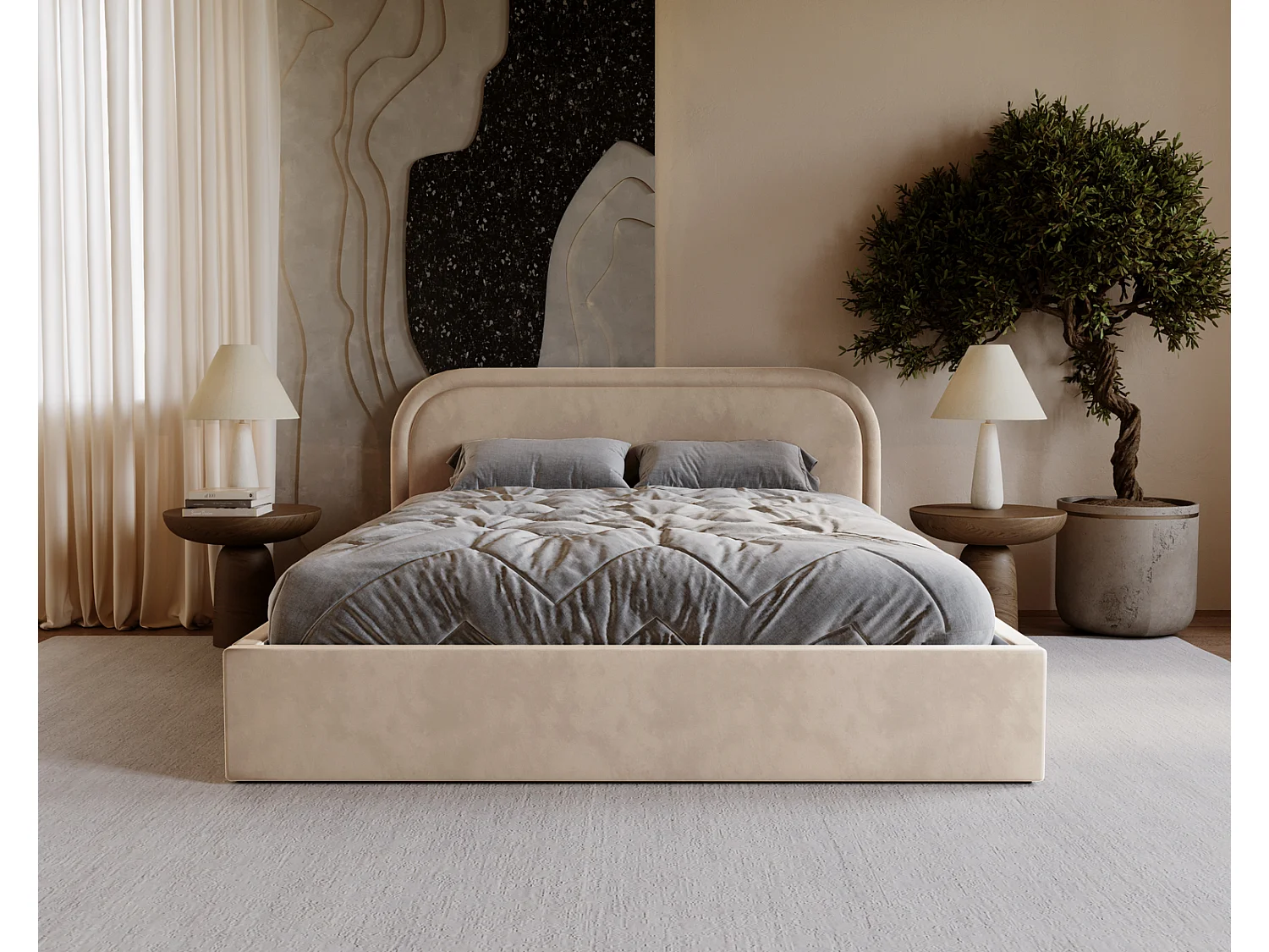 Lit coffre 200x200 Dune avec tête de lit arrondie, sommier à lattes, lit double, Beige