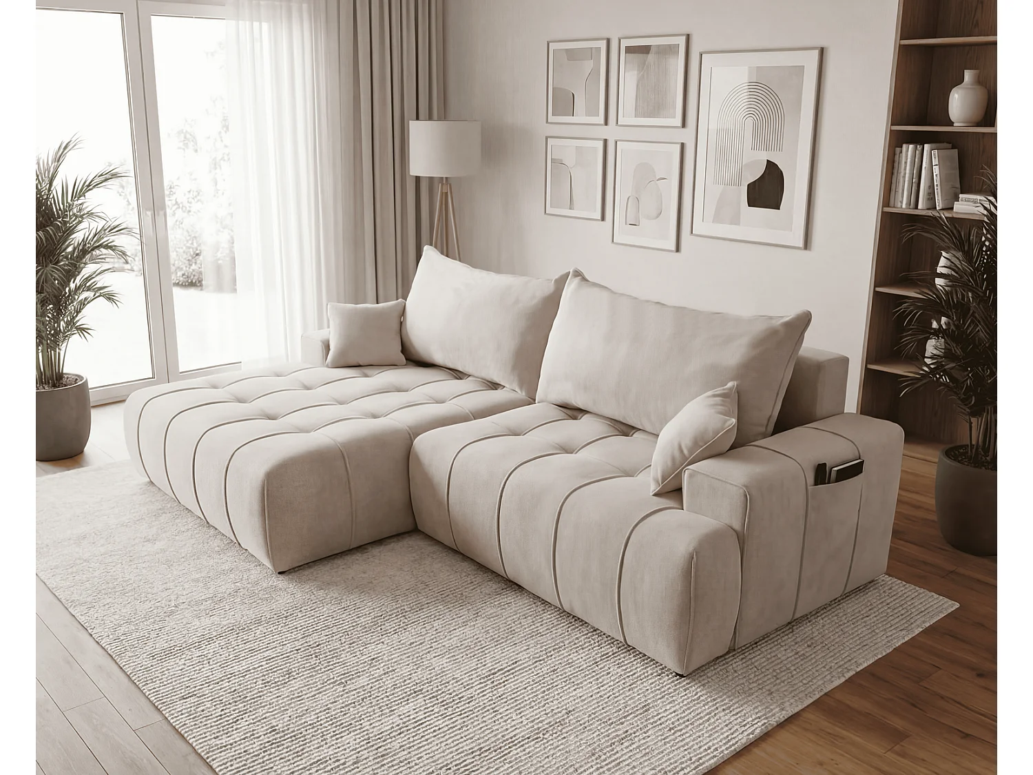 Canapé d'angle moderne Arvio 270 cm, convertible avec rangement, canapé design pour salon, gauche, beige