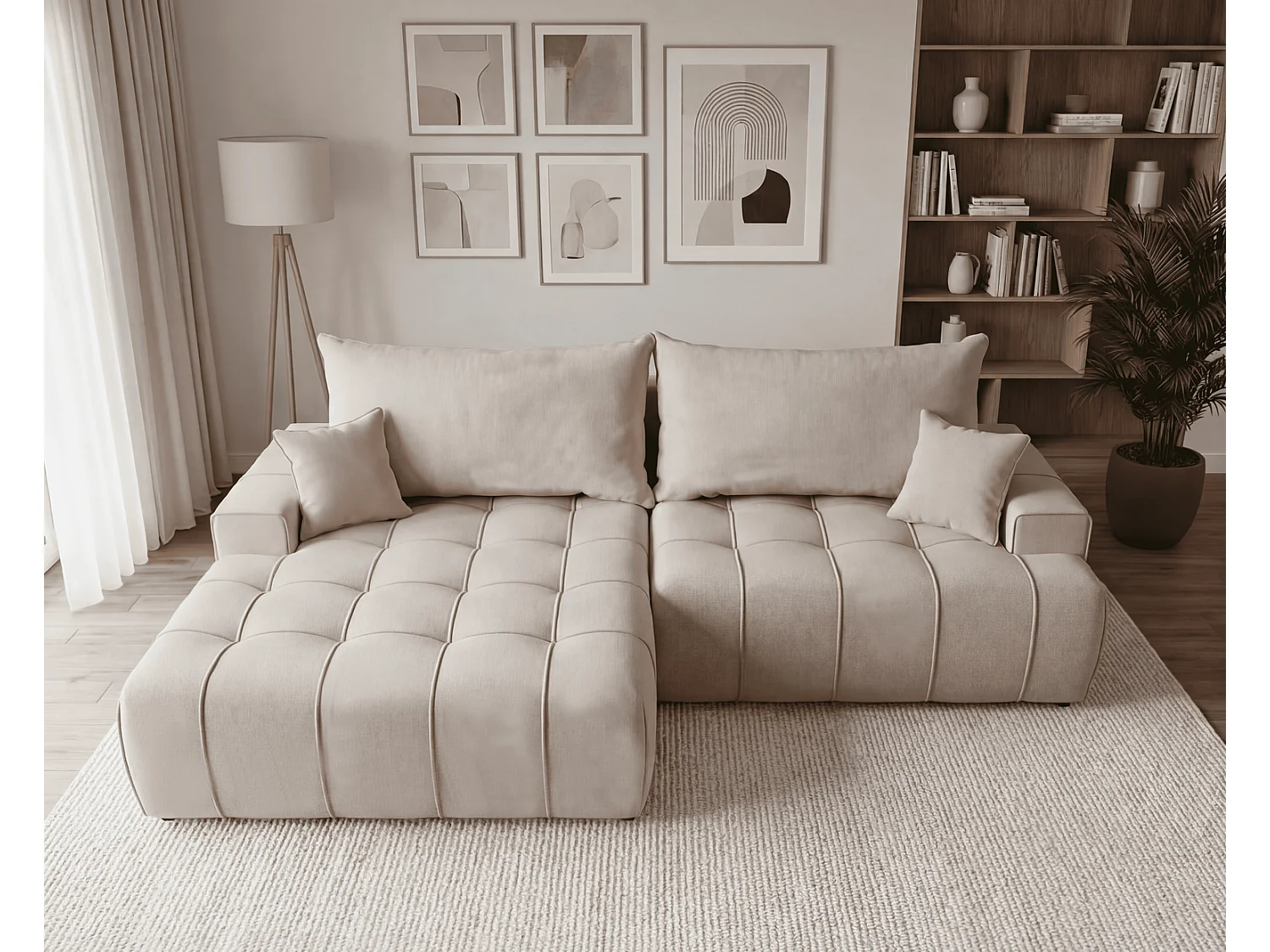 Canapé d'angle moderne Arvio 270 cm, convertible avec rangement, canapé design pour salon, gauche, beige