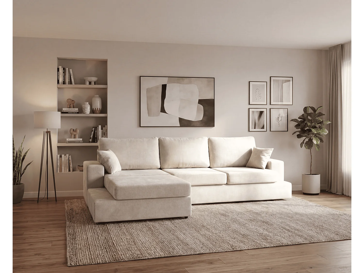 Canapé d'angle moelleux Fidenzo 260 cm, gauche, non convertible, design moderne, crème