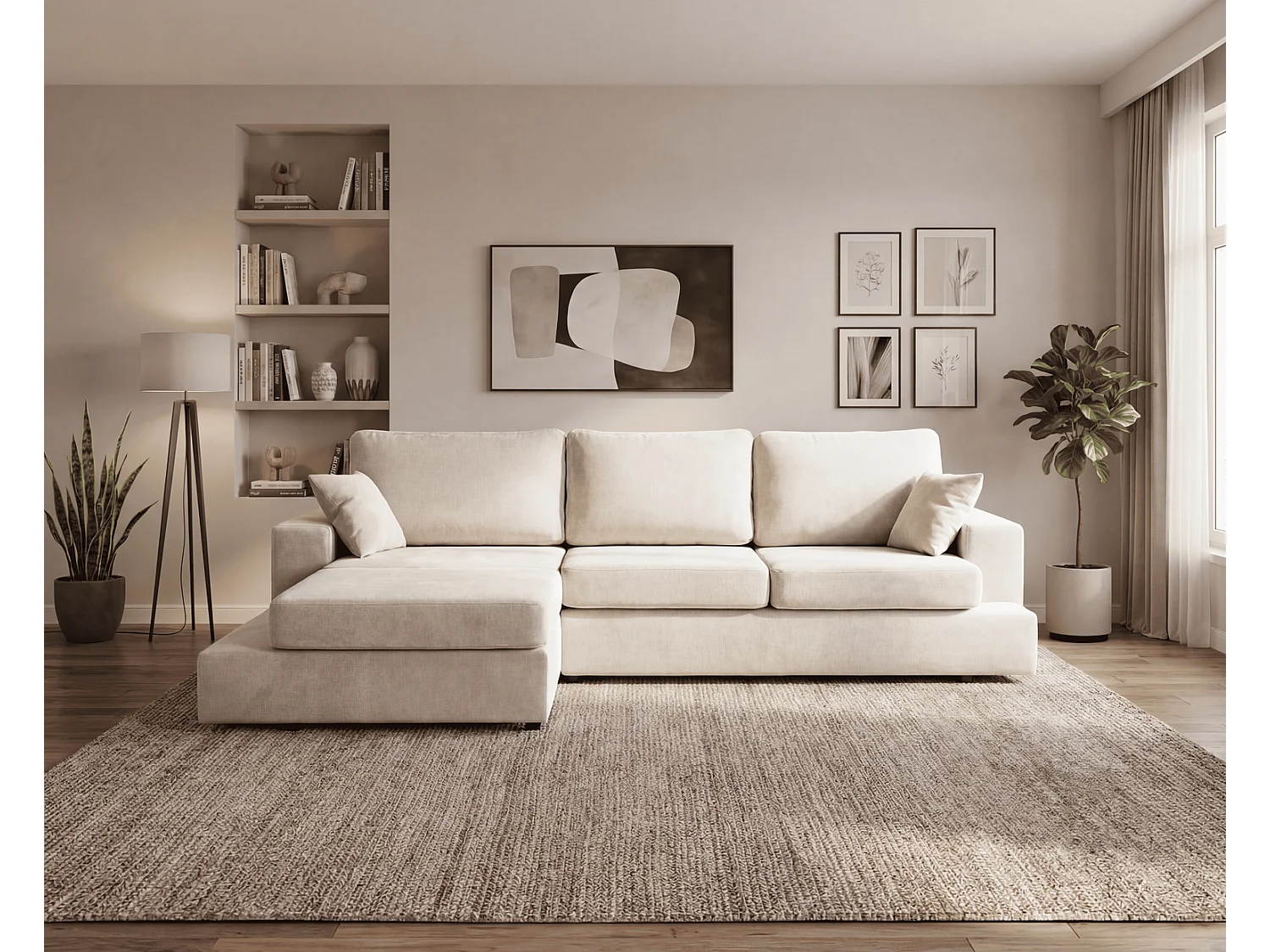 Canapé d'angle moelleux Fidenzo 260 cm, gauche, non convertible, design moderne, crème