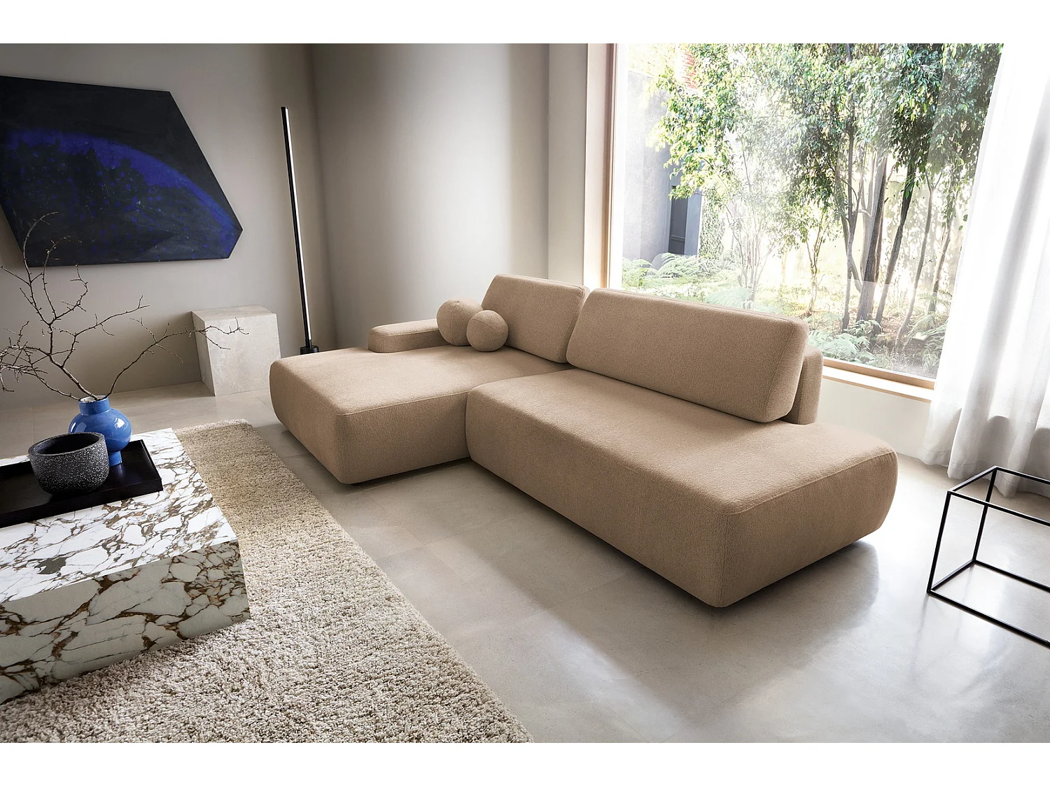 Canapé d'angle Orea O avec rangement design aux formes arrondies - canapé d'angle convertible, gauche, marron clair