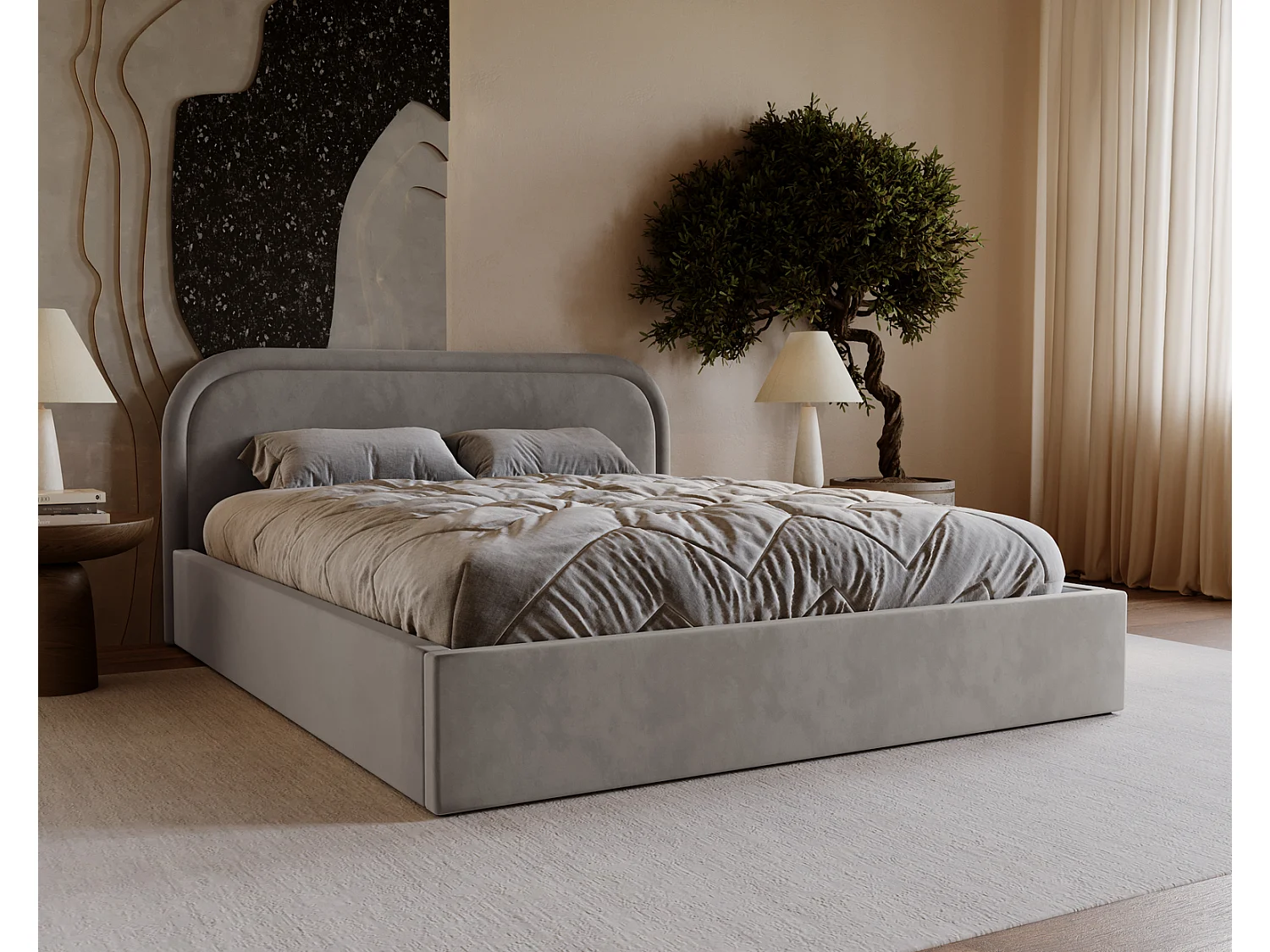 Lit coffre 140x200 Dune avec tête de lit arrondie, sommier à lattes, lit double, Gris clair