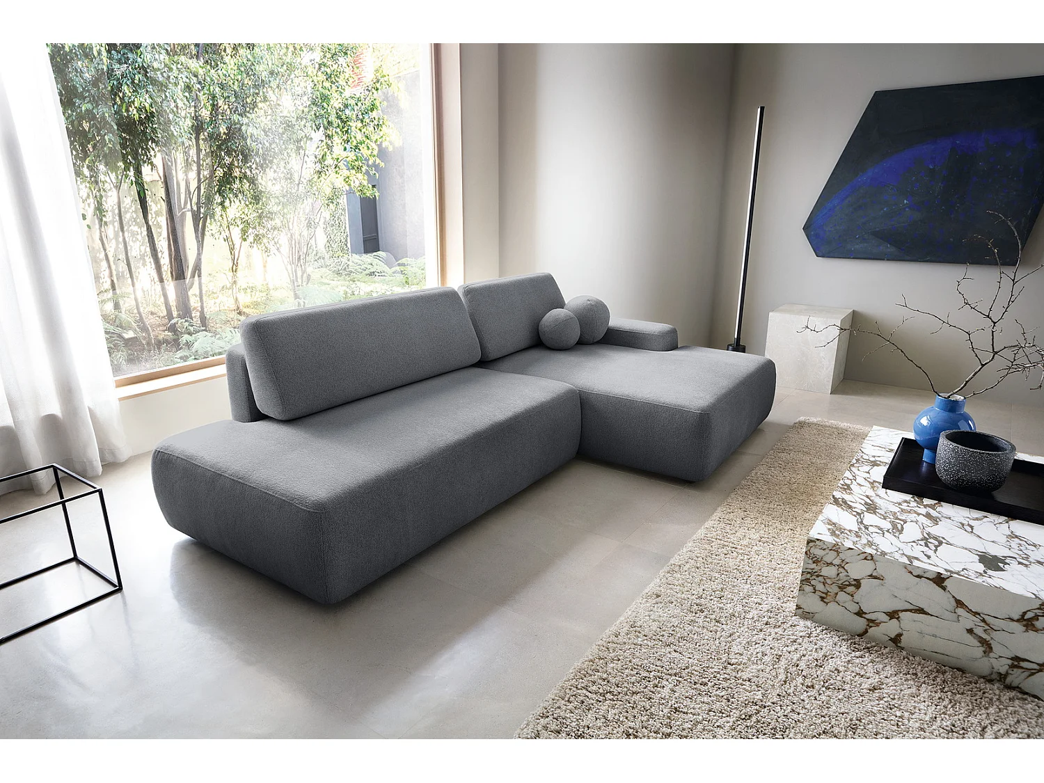 Canapé d'angle Orea O avec rangement design aux formes arrondies - canapé d'angle convertible, droit, gris foncé