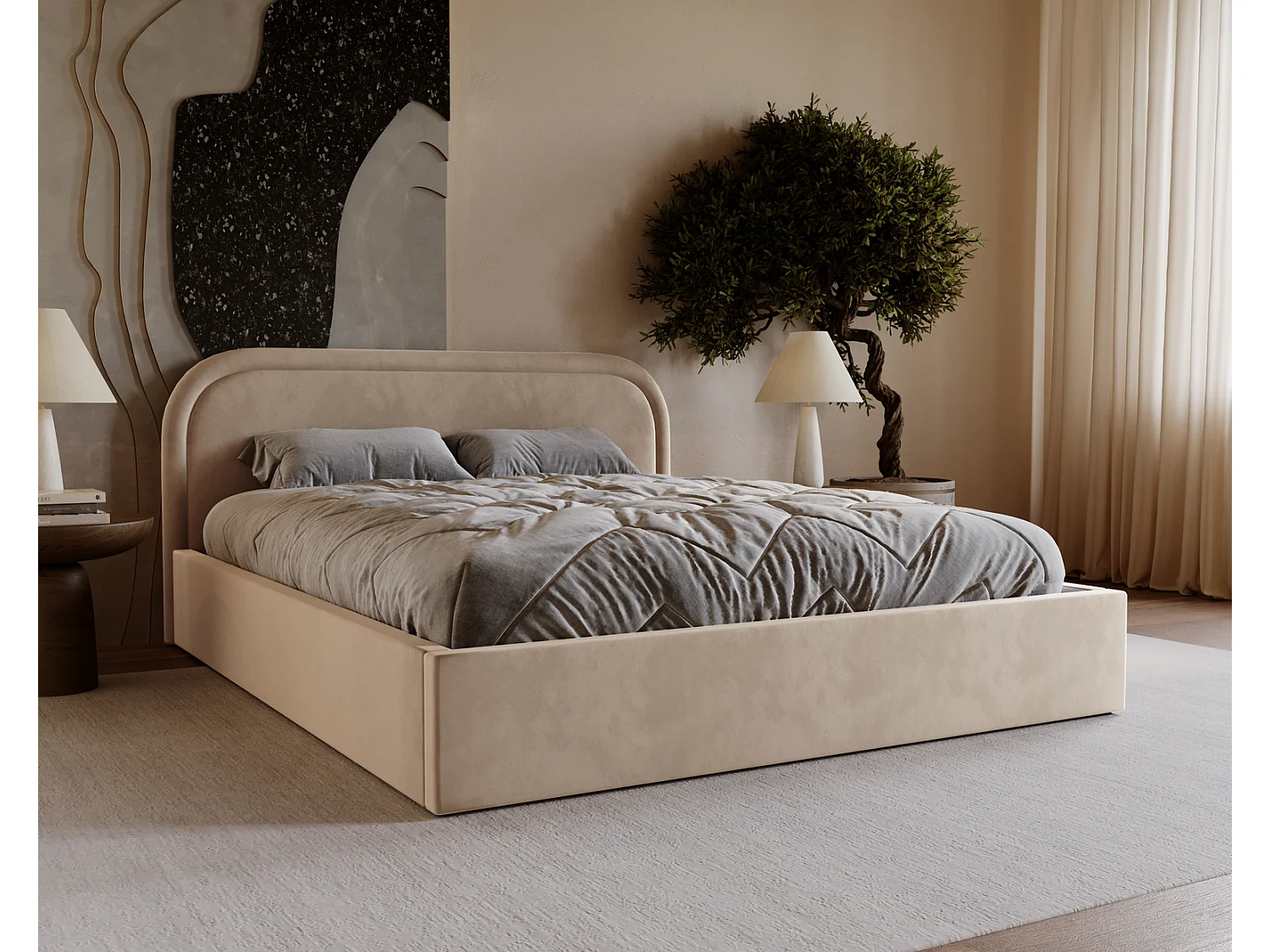 Lit coffre 180x200 Dune avec tête de lit arrondie, sommier à lattes, lit double, Beige