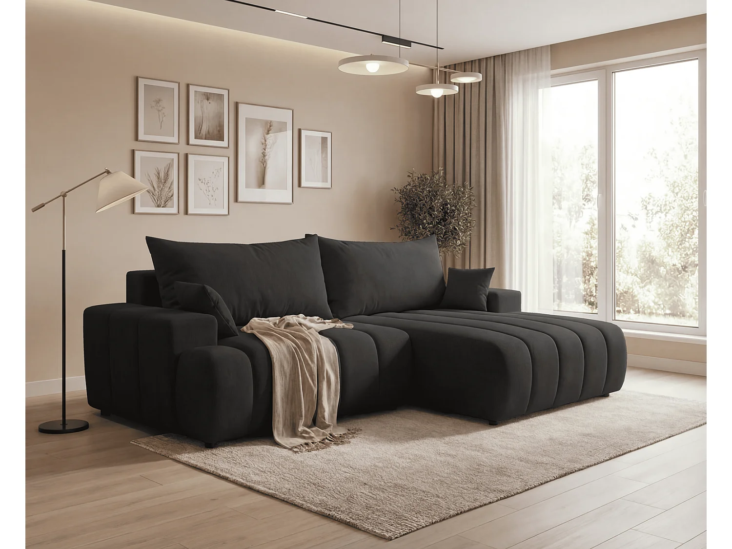 Canapé d'angle Hago 270 cm avec coffre de rangement, canapé convertible moderne, droite, noir