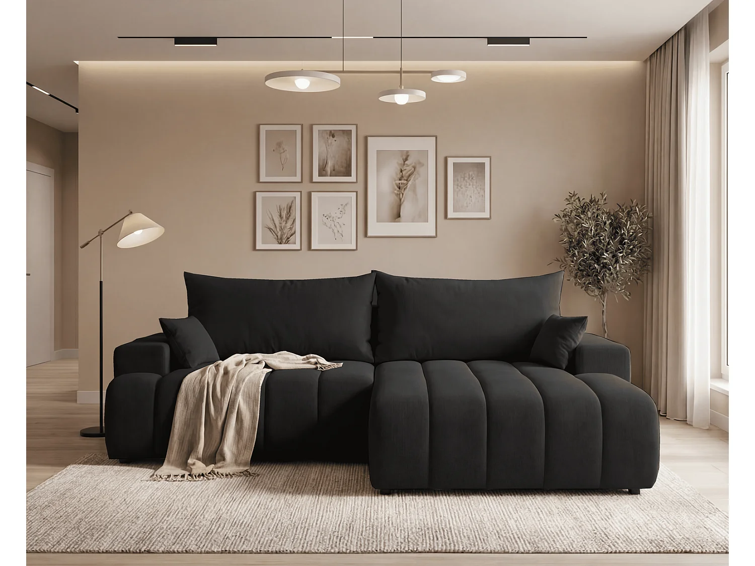 Canapé d'angle Hago 270 cm avec coffre de rangement, canapé convertible moderne, droite, noir