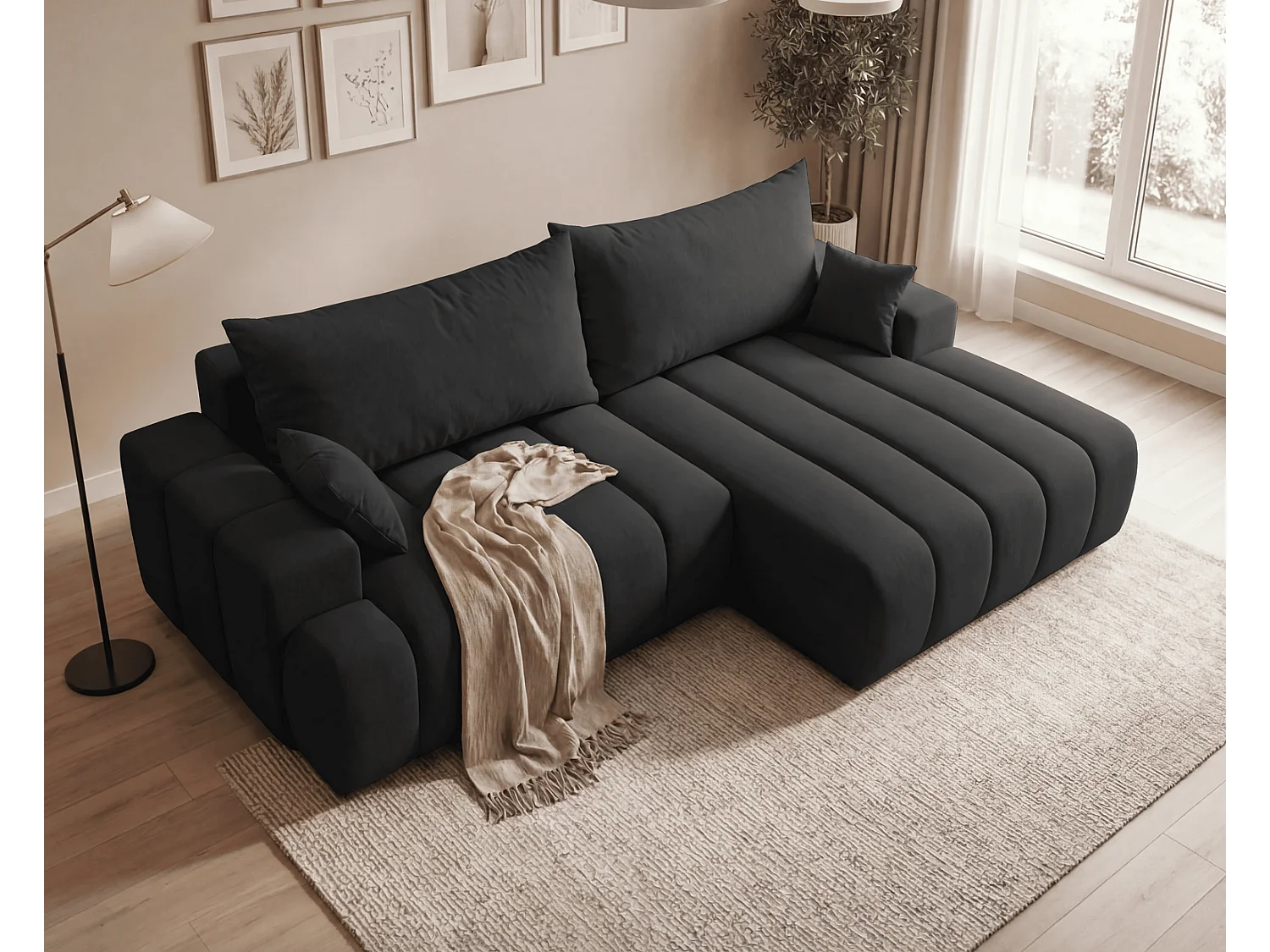 Canapé d'angle Hago 270 cm avec coffre de rangement, canapé convertible moderne, droite, noir
