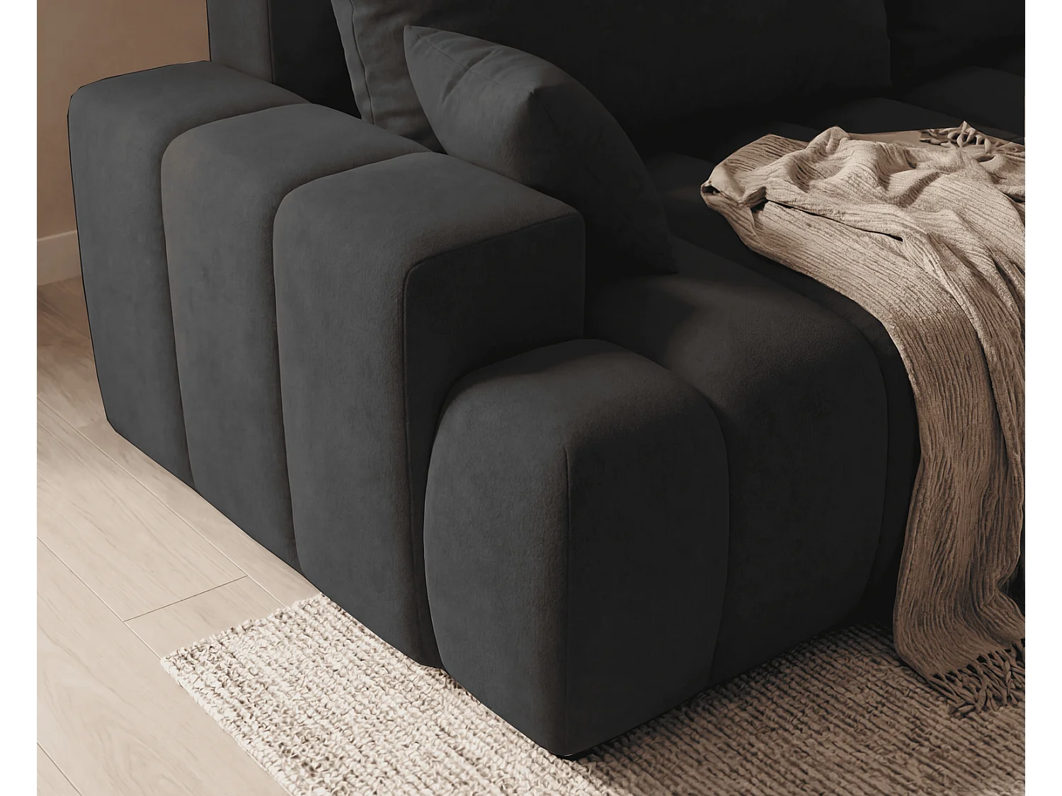 Canapé d'angle Hago 270 cm avec coffre de rangement, canapé convertible moderne, droite, noir