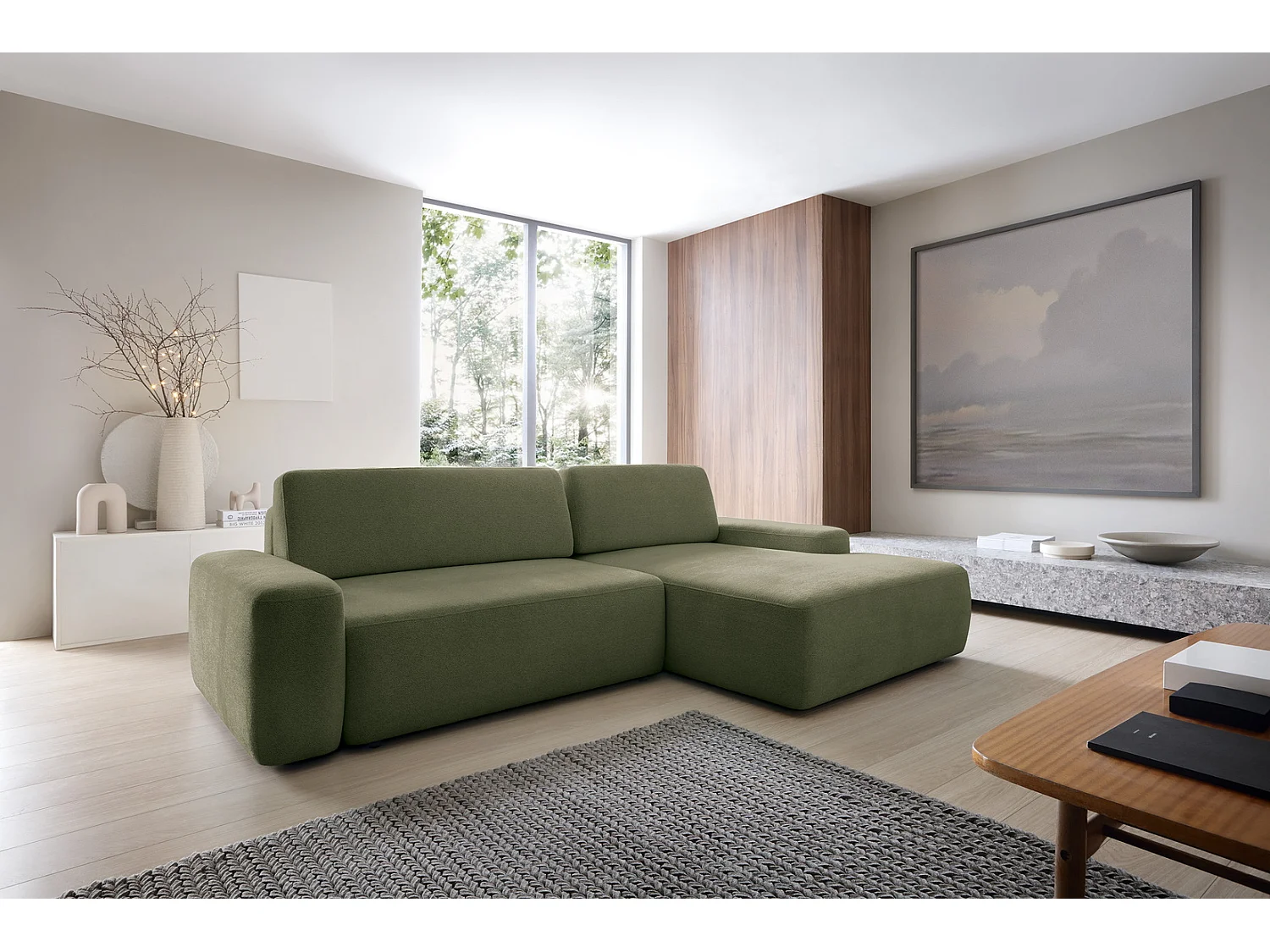 Canapé d'angle Orea M 265 cm convertible - formes arrondies, design moderne, canapé d'angle avec rangement, droite, vert