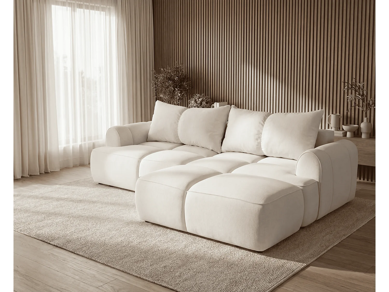 Canapé d'angle Avani 280 cm, canapé convertible avec rangement, design moderne, droite, crème