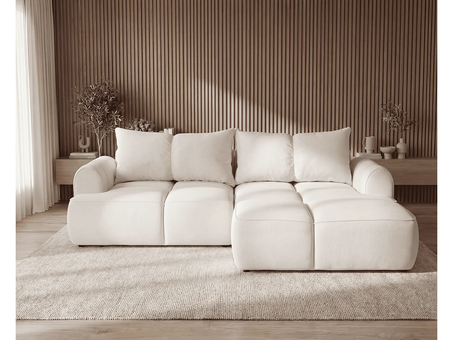 Canapé d'angle Avani 280 cm, canapé convertible avec rangement, design moderne, droite, crème