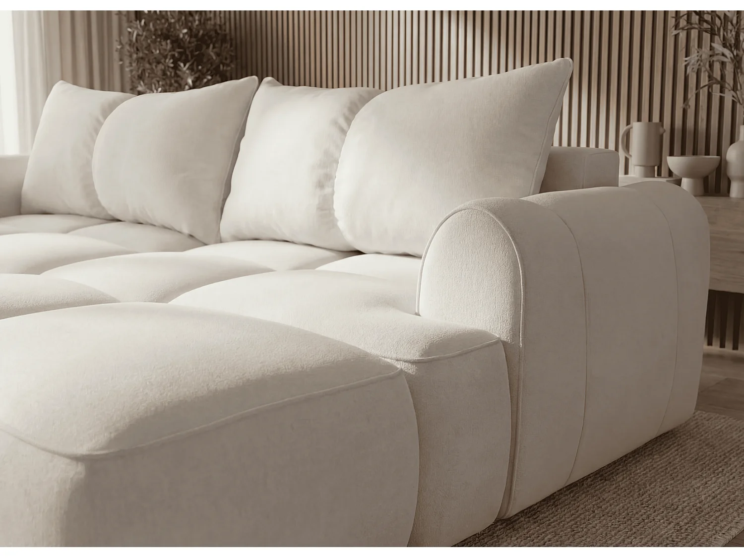 Canapé d'angle Avani 280 cm, canapé convertible avec rangement, design moderne, droite, crème