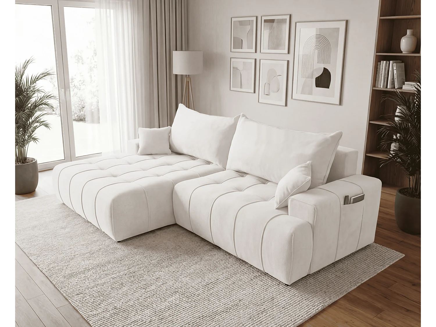 Canapé d'angle moderne Arvio 270 cm, convertible avec rangement, canapé design pour salon, gauche, crème