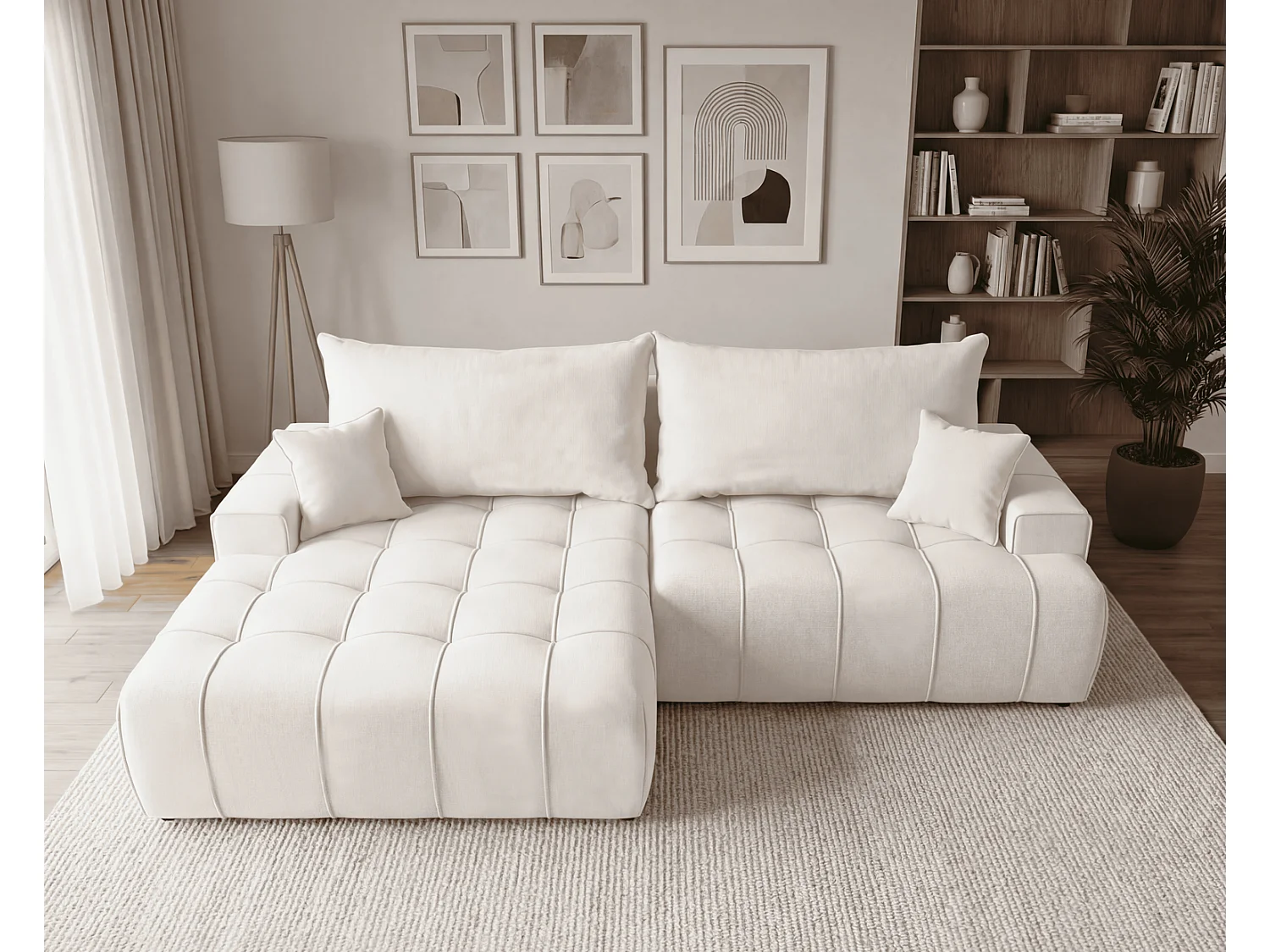 Canapé d'angle moderne Arvio 270 cm, convertible avec rangement, canapé design pour salon, gauche, crème