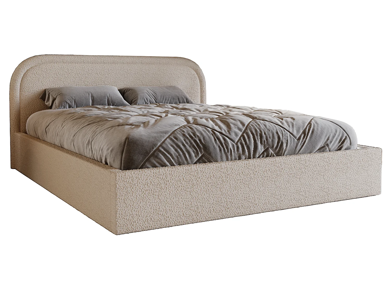 Lit bouclé 160x200 Dune avec tête de lit arrondie, coffre de rangement, sommier à lattes, Beige
