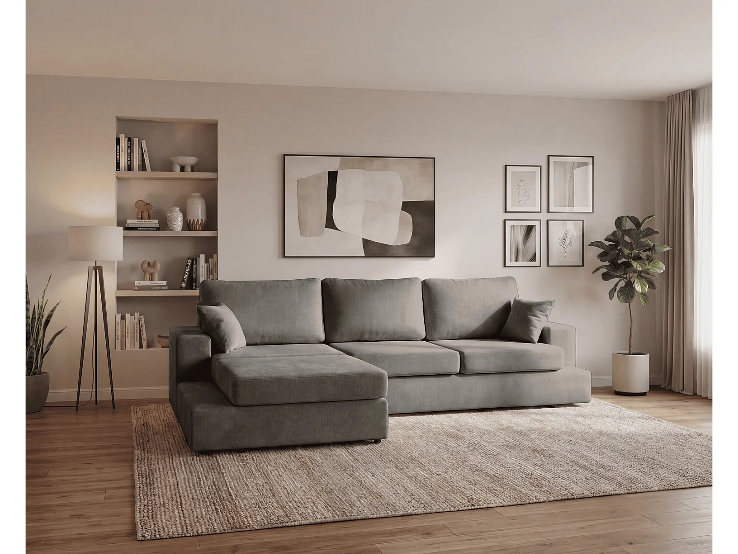 Canapé d'angle moelleux Fidenzo 260 cm, gauche, non convertible, design moderne, gris