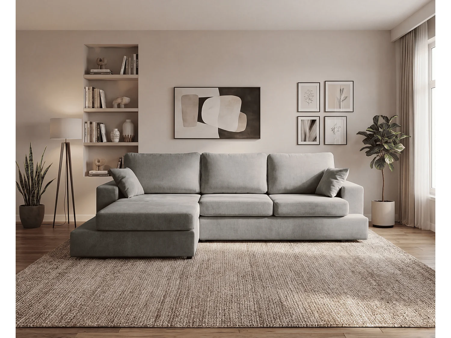Canapé d'angle moelleux Fidenzo 260 cm, gauche, non convertible, design moderne, gris